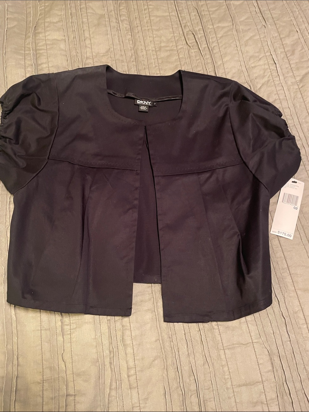 DKNY Black Cropped Open-Front Jacket with Puff Sleeves